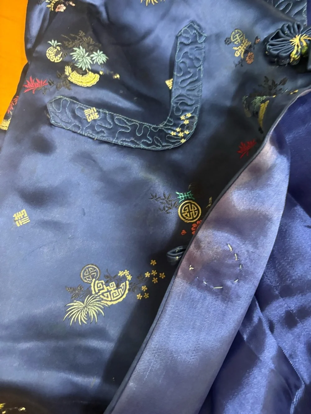 vintage Peony Brand Shanghai China embroidered blue brocade robe - Picture 12 of 13